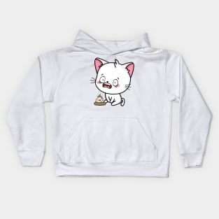 Funny white Cat steps on a dirty diaper Kids Hoodie